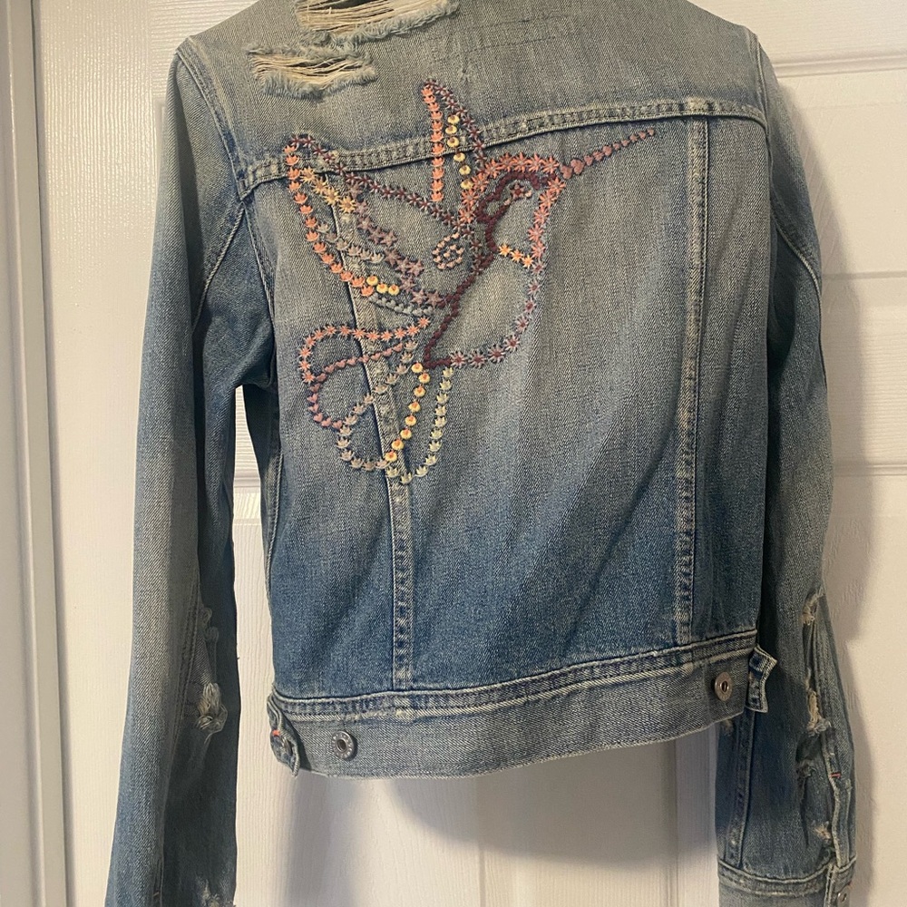 Embroidered Denim Jacket with Humming Bird